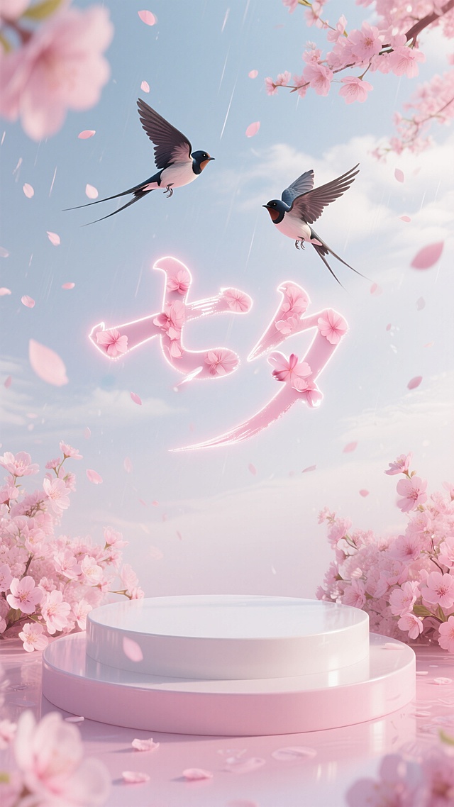 梦幻3D风，清新甜美樱花环绕，超现实主义大字“春”霓虹闪烁，液态花瓣飘落。