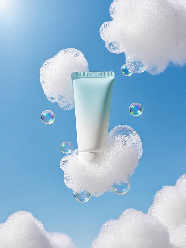 商业静物摄影。主体漂浮在空中，被白色绵密细腻的泡沫包围，气泡在四周，背景是蓝色的天空，营造出清新、洁净的氛围。高级简约的光影。