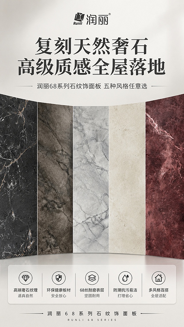 [第1屏] 淘宝详情页头图，润丽68系列石纹饰面板主视觉宣传海报。本屏使用图1-图5作为纹理参考，融合展示五款不同奢石纹理的产品。
[氛围/风格] 高端轻奢质感，简约高级，商业摄影风格，突出天然石材纹理质感
[元素布局] 顶部为品牌和产品标题区，中部为五款纹理拼接展示区，每款纹理占比均匀，底部为核心利益点信息区，保持各款产品纹理、颜色与输入产品图一致，整体画面干净专业，主体清晰
[光影质感] 柔和均匀自然光，明暗层次清晰，突出石材纹理细节，整体干净通透
[配色色系] 全局底色 #F5F5F5，主色调高级深灰，辅助色浅灰和米白，点缀品牌深色调
[视角构图] 正面视角，产品居中展示，视觉动线从上到下，排版舒展不拥挤
[文字版式] 主标题「复刻天然奢石 高级质感全屋落地」，副标题「润丽68系列石纹饰面板 五种风格任意选」，主标题字体加粗放大，副标题小一号，底部提炼核心卖点，文字清晰不遮挡纹理，保持可读
[比例分辨率] 9:16 竖版比例，4K分辨率，文字清晰可辨，高清画质
[负向提示词] 纹理变形，颜色偏差，文字错乱，文字过小，背景杂乱，水印，多余装饰