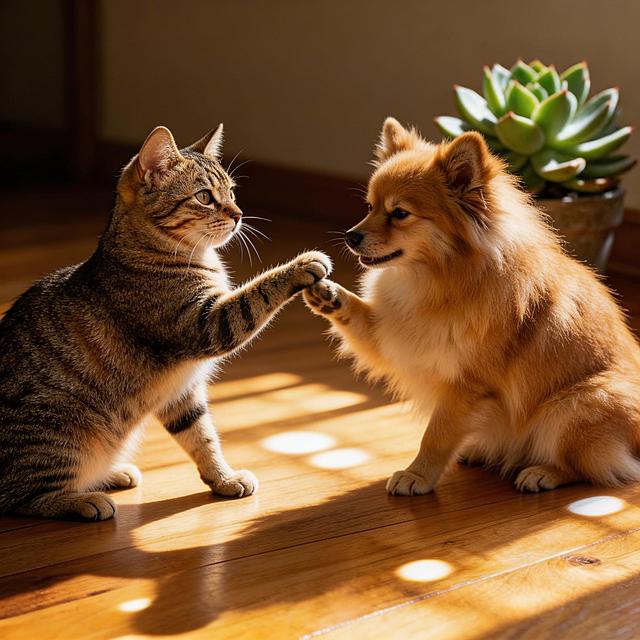将图里的狸花猫和博美犬放在一起玩耍，保持阳光暖调的自然氛围，动作自然互动