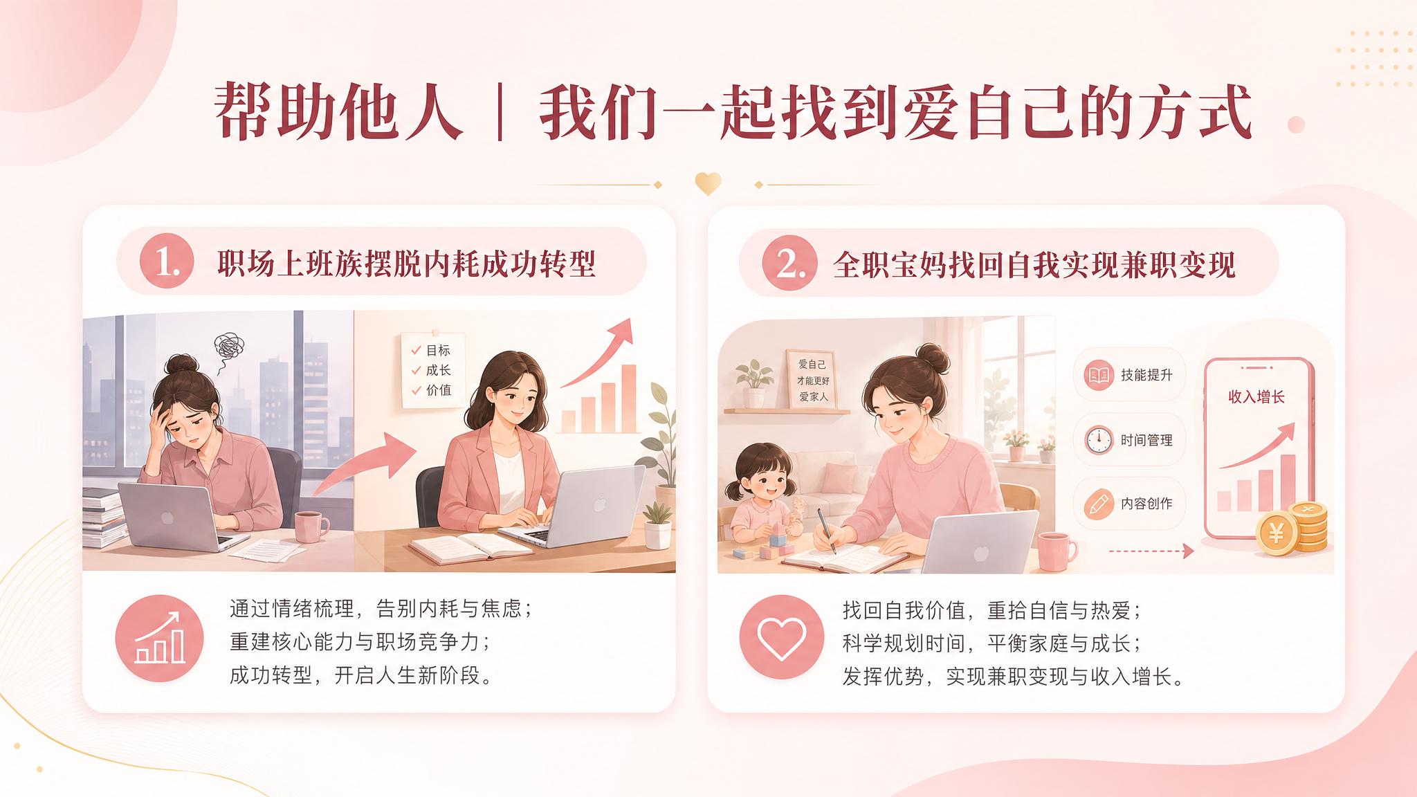 PPT内容页，主题四帮助他人的成长案例，暖粉色简约背景，标题文… - 图片创意预览