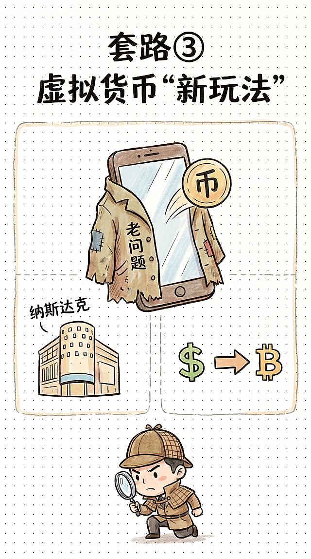 一张竖版卡通风格的信息图，纯手绘插画风格。标题为"套路③ 虚拟货币‘新玩法’"，手写粗体。画面用浅色虚线边框分成3个清晰区块。中央区块：画一件带有"老问题"标签的外套，被披在一部卡通手机上，手机屏幕里冒出一个画着"币"字的圆形图标。左侧区块画一个简化版的交易所大楼轮廓，旁边写"纳斯达克"的手绘字。右侧区块画一个箭头，从美元符号指向加密货币符号。最下方有一个小卡通人物戴着侦探帽、拿着放大镜，表情严肃地观察这一切。背景干净，点状网格，手绘风格，竖版，纯手绘插画风格，无任何写实照片元素