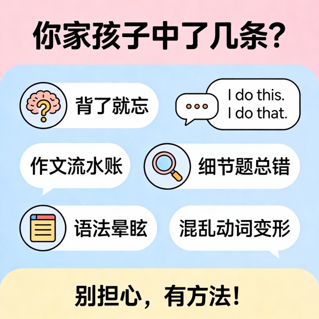 1:1 小红书教育详情页，信息图表风格。  
顶部标题：“你家孩子中了几条？”  
中间：7个简洁图标+文字气泡，展示小升初英语常见问题，例如：  
- “背了就忘”（配大脑+问号图标）  
- “作预览效果