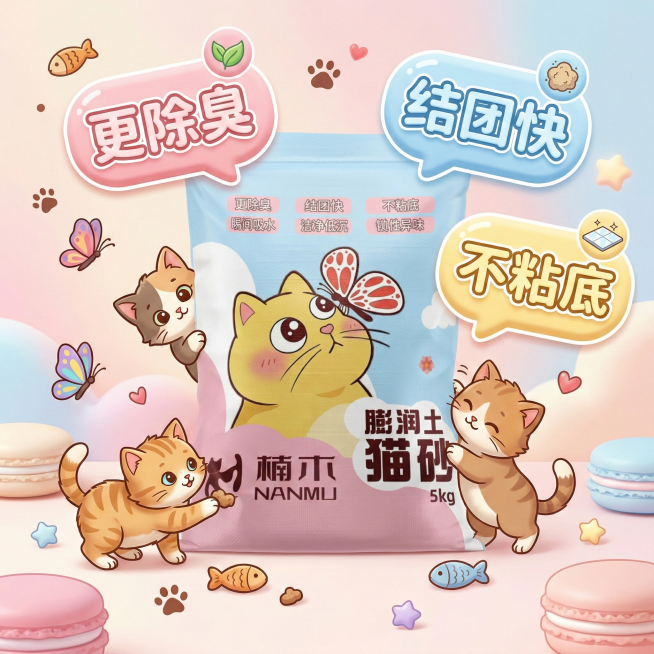 高级可爱风格，1:1比例，画面主体是这款膨润土猫砂袋，背景是柔和的马卡龙色渐变，添加可爱的小猫围绕猫砂袋玩耍的场景，突出“更除臭、结团快、不粘底”核心卖点，用圆润可爱的字体标注卖点，整体画面明亮温馨，预览效果