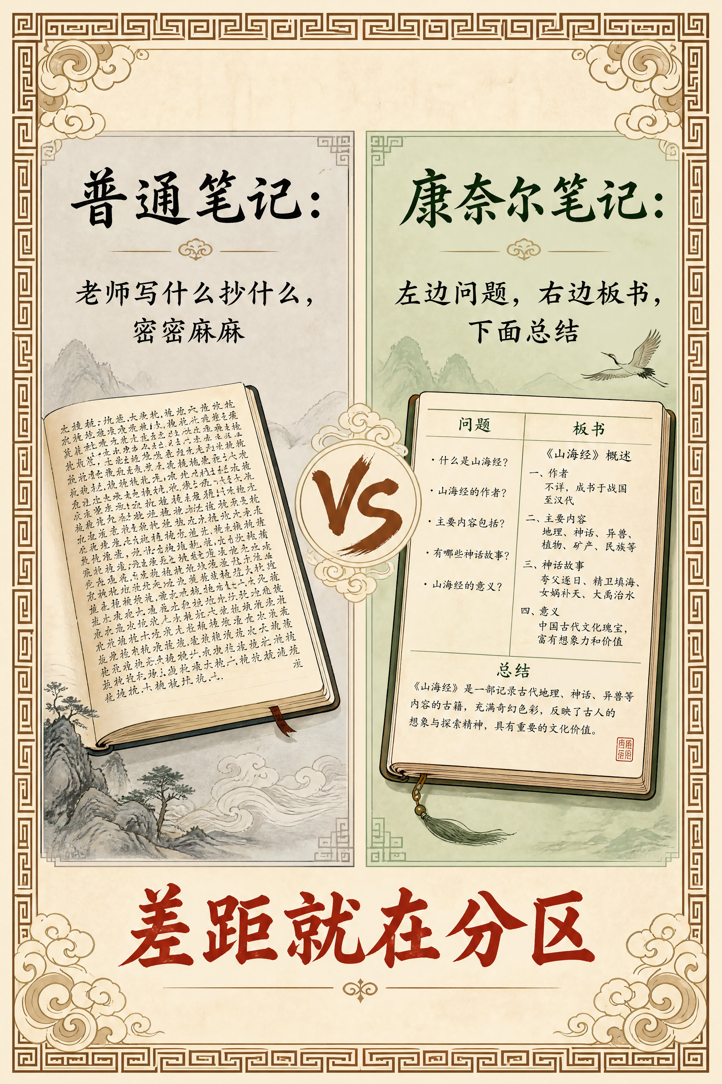 小红书笔记内页，对比图，国风山海经风格，米黄色宣纸纹理背景、回… - 图片创意预览