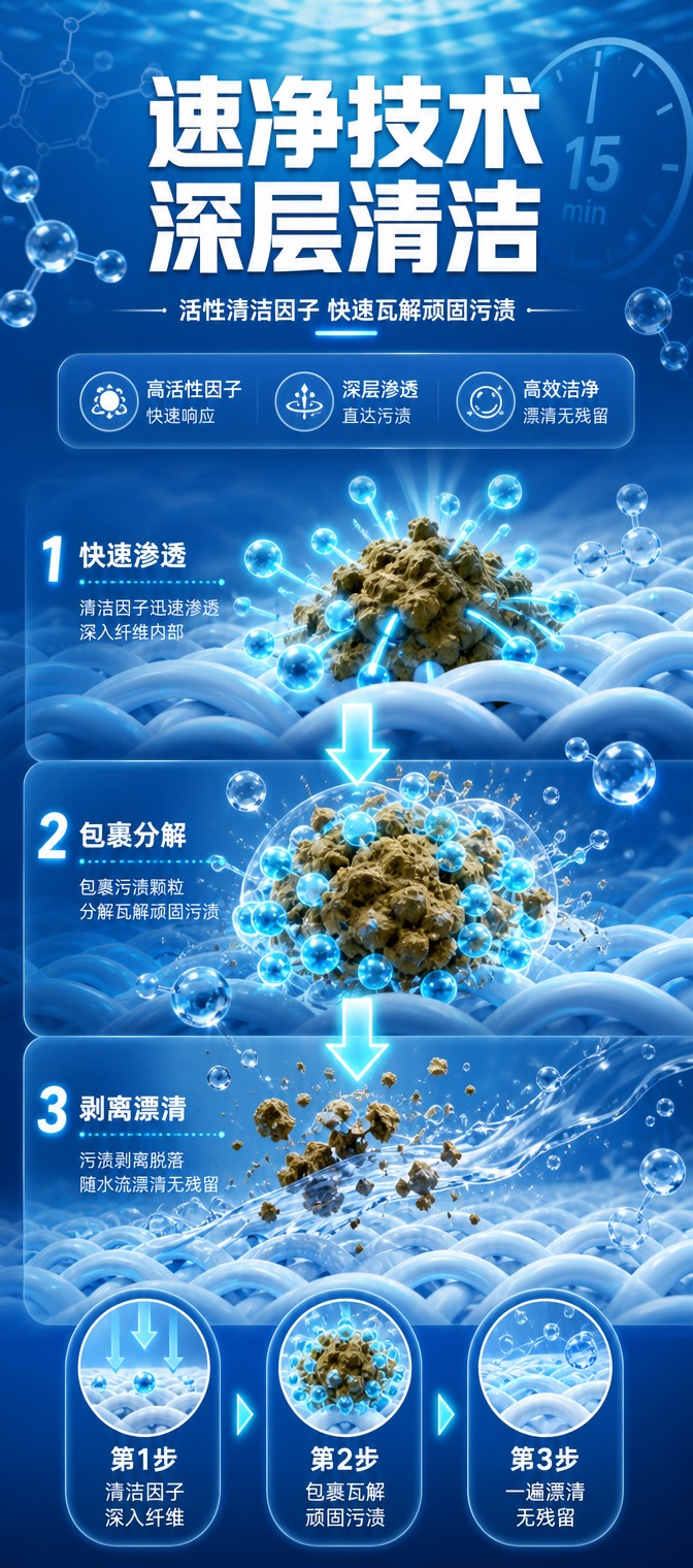 [画面] 页面目标：展示快洗清洁原理，突出清洁因子快速瓦解污渍… - 图片创意预览