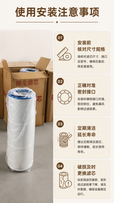 [第9屏] 安装使用注意事项说明页，除尘滤芯滤筒使用提示。本屏使用【图3】展示包装，说明售后与使用注意。
[氛围/风格] 提示说明风，浅米色背景，清晰易懂。
[元素布局] 顶部主标题，下方分四个要点卡预览效果
