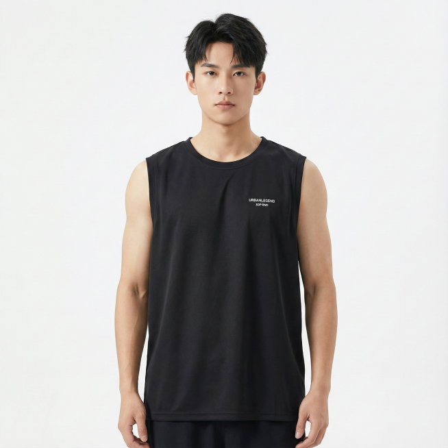 中国年轻模特穿上衣服，背心穿在身上是宽松状态，展示全部上半身，白底图预览效果