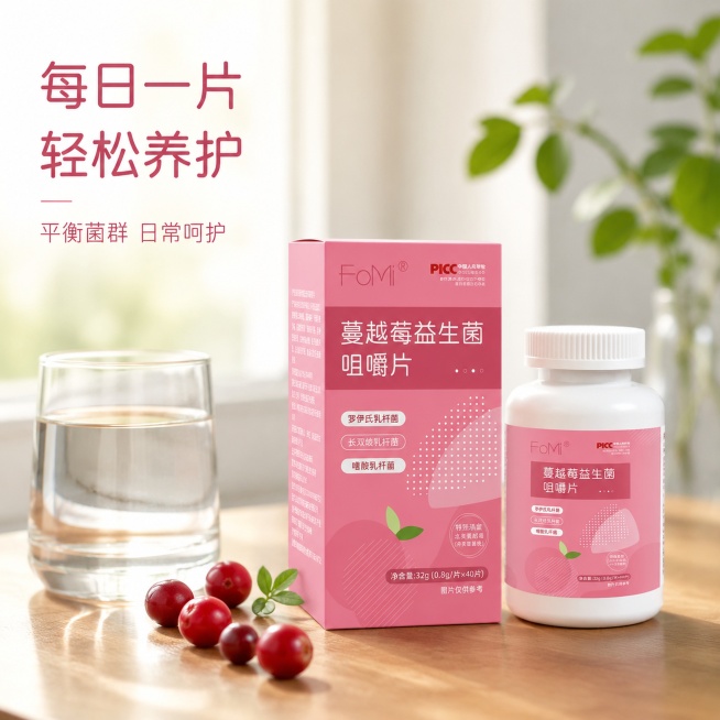 [主图-4] 蔓越莓益生菌日常使用场景图，传递生活方式。
[氛围风格] 温馨自然，有生活代入感，符合女性日常养护场景。
[画质] 商业摄影质感、光线柔和通透、产品清晰真实、画面干净高级。
[元素] 干预览效果