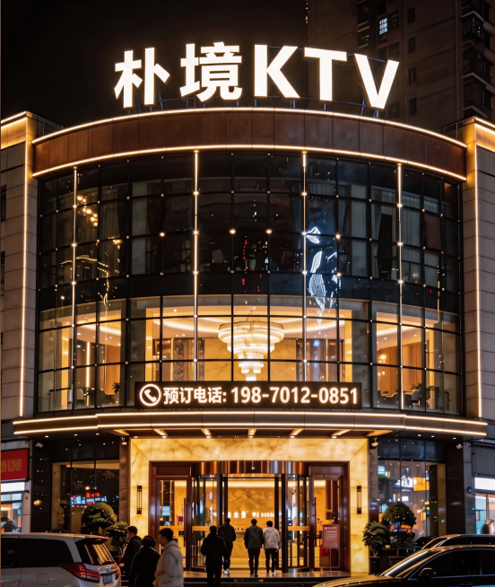 移除地名，将招牌改为'朴境KTV'，预定电话改为'预订电话: 198-7012-0851'，保持图片建筑、车辆、行人等所有其他内容和夜景风格不变预览效果