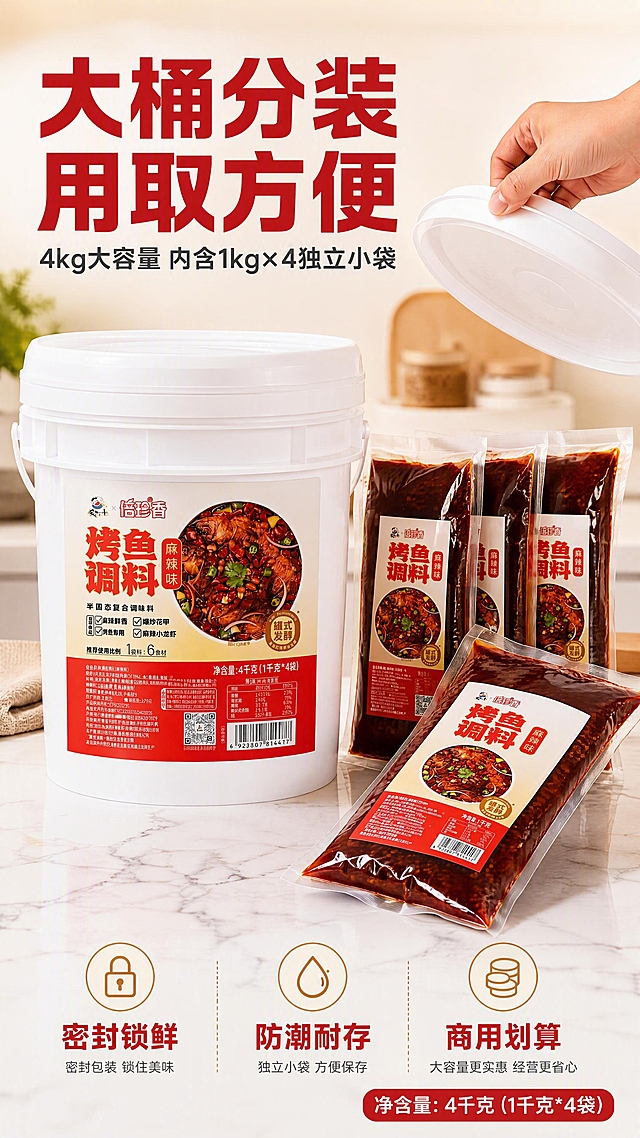 [第7张] 详情页包装与规格-4kg大桶独立分装展示。本张使用【图1】麻辣味桶装作为主产品，配合内袋分装示意。
[氛围/风格] 实用囤货感+品质包装感，暖白明亮，商业摄影质感。
[元素布局] 画面左侧立放4kg大桶【图1】，桶身正面完整，占比约45%；右侧展示桶内独立分装结构：4袋1kg装调料整齐排列，其中一袋倾斜露出酱料质感；上方有手部开盖动作示意，展示桶盖开合方便；背景为浅米色厨房场景虚化，台面为白色大理石纹。
[光影质感] 顶部柔光均匀照明，桶身白色干净明亮，酱料袋红油透亮，整体清爽干净。
[配色色系] 全局底色 #FFF5EE 米白暖调；主色正红、白色；辅助色浅灰台面、金色点缀。
[视角构图] 正面微俯视，左桶右袋布局，阅读动线顶部标题 → 左侧大桶 → 右侧内袋展示 → 底部卖点。
[文字版式] 顶部主标题「大桶分装 用取方便」，红色粗黑体；副标题「4kg大容量 内含1kg×4独立小袋」，深灰小字；底部三栏卖点图标+文字：「密封锁鲜」「防潮耐存」「商用划算」；右下角标注「净含量：4千克（1千克*4袋）」；字色红+深灰，字形统一。
[比例分辨率] 9:16 竖版比例，4K分辨率，文字清晰可辨，高清画质。
[负向提示词] 桶身变形，袋身变形，标签错乱，水印，文字过小，极限词违禁词。