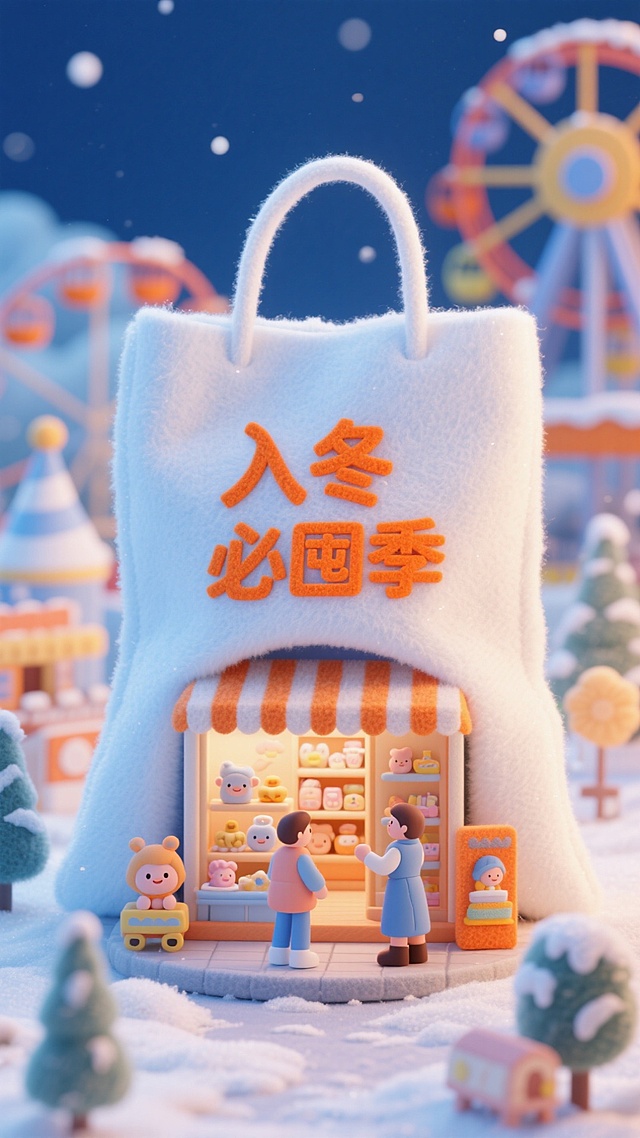 这幅画面以蓝橙色调为主，画面中央是一个巨大的白色购物袋，上面用橘色字写着“入冬必囤季”。袋子中间有一个售卖母婴用品的商店：打开袋子。背景是游乐园。毛毡风格。高饱和色彩。冬季