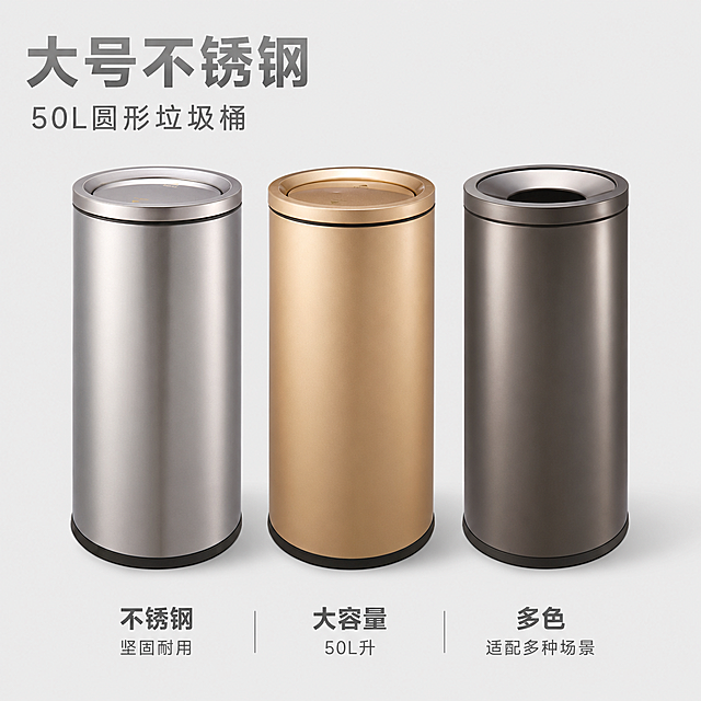 [主图-1] 大号不锈钢圆形垃圾桶商品首图，展示三款不同颜色垃圾桶。
[氛围风格] 简约现代实用家居风格，干净整洁有品质感；
[画质] 商业摄影质感、光线柔和通透、产品清晰真实、画面干净高级，去除原图水印。
[元素] 三款不同颜色的大号不锈钢圆形垃圾桶（银色、金色、深棕色）居中并列摆放，商品主体占比严格控制在60%-80%之间。保持垃圾桶外观（即物理结构、材质质感、颜色）与输入产品图绝对一致，杜绝任何变形和色差，精细化处理。背景为明亮干净的浅灰色纯色背景，画面满屏无边框。
[光影] 正面柔光打光，金属表面呈现细腻哑光质感，高光不溢出，暗部有层次，整体通透不灰蒙。
[配色] 主色调浅灰干净背景，搭配垃圾桶本身的金属色，整体简约高级。
[视角构图] 平视正面角度，产品轮廓完整不裁切，三款产品为视觉中心。
[文字版式] 左上负空间左对齐留安全边距，大字文案写"大号不锈钢"，银色垃圾桶同色系粗体，最大字号；第二行写"50L圆形垃圾桶"，字号缩小一半，同色系。底部三列均分排布卖点，每列上短句下说明：左列「不锈钢」「坚固耐用」中列「大容量」「50L升」右列「多色」「适配多种场景」，深灰色文字清晰易读，干净排版。
[比例分辨率] 1:1 比例，4k 分辨率，文字清晰锐利，超高清。
[负向提示词] 变形，水印，文字错乱，产品图模糊，背景杂乱，图片有红章，原有红色水印残留
