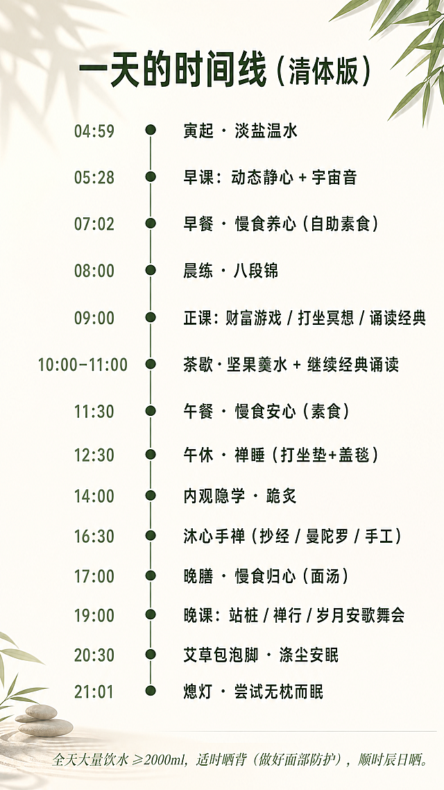 [第4屏] 本屏功能定义：清体版每日日程时间线，呈现多餐少食+经典滋养的秩序之美。
[氛围/风格] 干净简约秩序感，清新自然养生风格，排版清晰有节奏，柔和晨光。
[元素布局] 顶部标题"一天的时间线（清体版）"，中间为竖向时间线设计，左侧标注时间，右侧对应内容，时间线用细深茶绿色竖线串联，每个时间点配小圆形节点，整体从上到下依次排列，每个条目留出合适间距，不拥挤，底部补充说明文字"全天大量饮水 ≥2000ml，适时晒背（做好面部防护），顺时辰日晒。"。
完整时间内容：
04:59 寅起 · 淡盐温水
05:28 早课：动态静心 + 宇宙音
07:02 早餐 · 慢食养心（自助素食）
08:00 晨练 · 八段锦
09:00 正课：财富游戏 / 打坐冥想 / 诵读经典
10:00–11:00 茶歇·坚果羹水 + 继续经典诵读
11:30 午餐 · 慢食安心（素食）
12:30 午休 · 禅睡（打坐垫+盖毯）
14:00 内观隐学 · 跪炙
16:30 沐心手禅（抄经 / 曼陀罗 / 手工）
17:00 晚膳 · 慢食归心（面汤）
19:00 晚课：站桩 / 禅行 / 岁月安歌舞会
20:30 艾草包泡脚 · 涤尘安眠
21:01 熄灯 · 尝试无枕而眠
[光影质感] 均匀柔和晨光，文字清晰锐利，时间线节点突出，整体明暗过渡自然。
[配色色系] 全局底色：#F2F0EA（米灰白）；标题：#3A5A3F（深茶绿）；时间：#5A7A5F（中茶绿）；时间线：#7A987F（浅茶绿）；节点：深茶绿填充。
[视角构图] 竖版全屏，居中对齐，左侧时间右对齐，右侧内容左对齐，时间线在两者之间，排版工整有序。
[文字版式] 顶部大标题加粗居中，正文时间字号稍小，内容字号清晰，行间距宽松，保证手机端每一行文字清晰可读，底部说明文字浅茶绿斜体。
[比例分辨率] 9:16竖版比例，4K分辨率，文字清晰可辨，超高清。
[负向提示词] 变形，水印，文字错乱，时间顺序颠倒，排版拥挤，颜色偏差，背景杂乱，文字重叠。