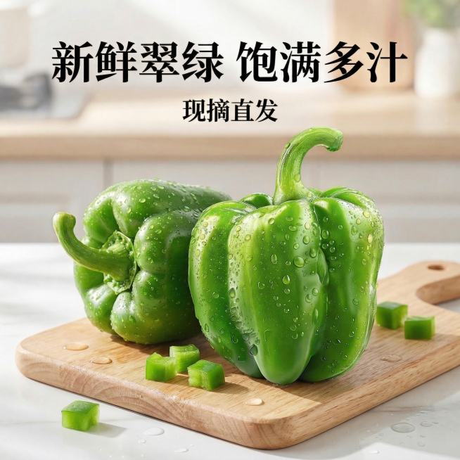 将图片中案板上散落的叶子修改为切好的青椒块，保持整体风格一致，画面自然协调，突出青椒新鲜翠绿的质感预览效果