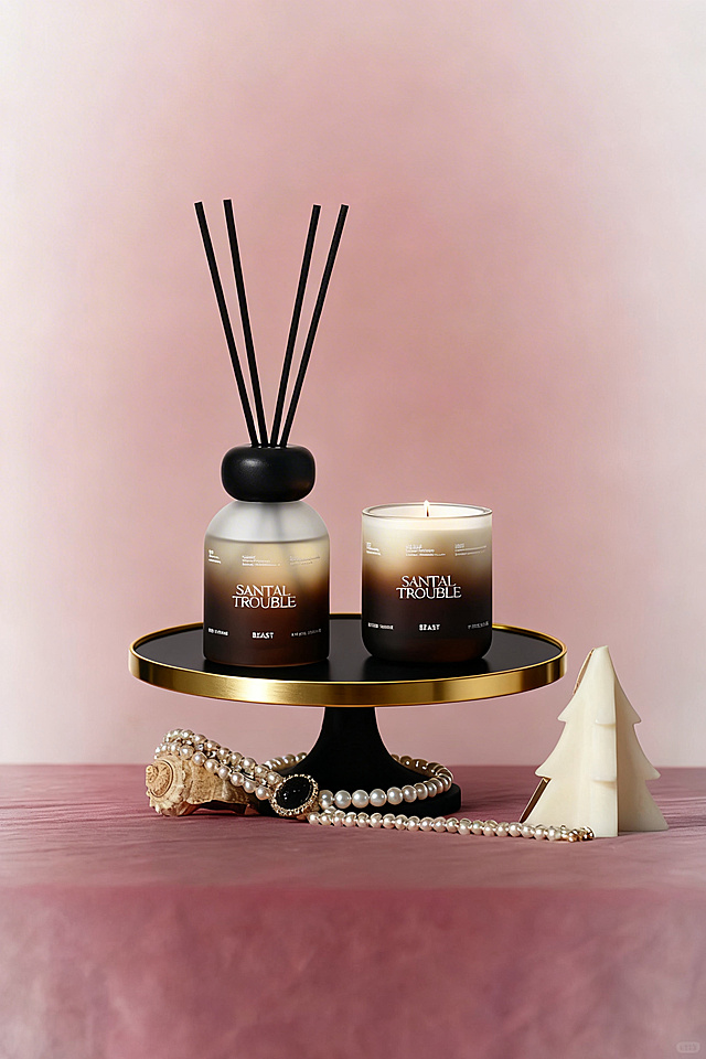 将图一的香薰和蜡烛放置在图二的展台上，保持整体精致优雅的氛围