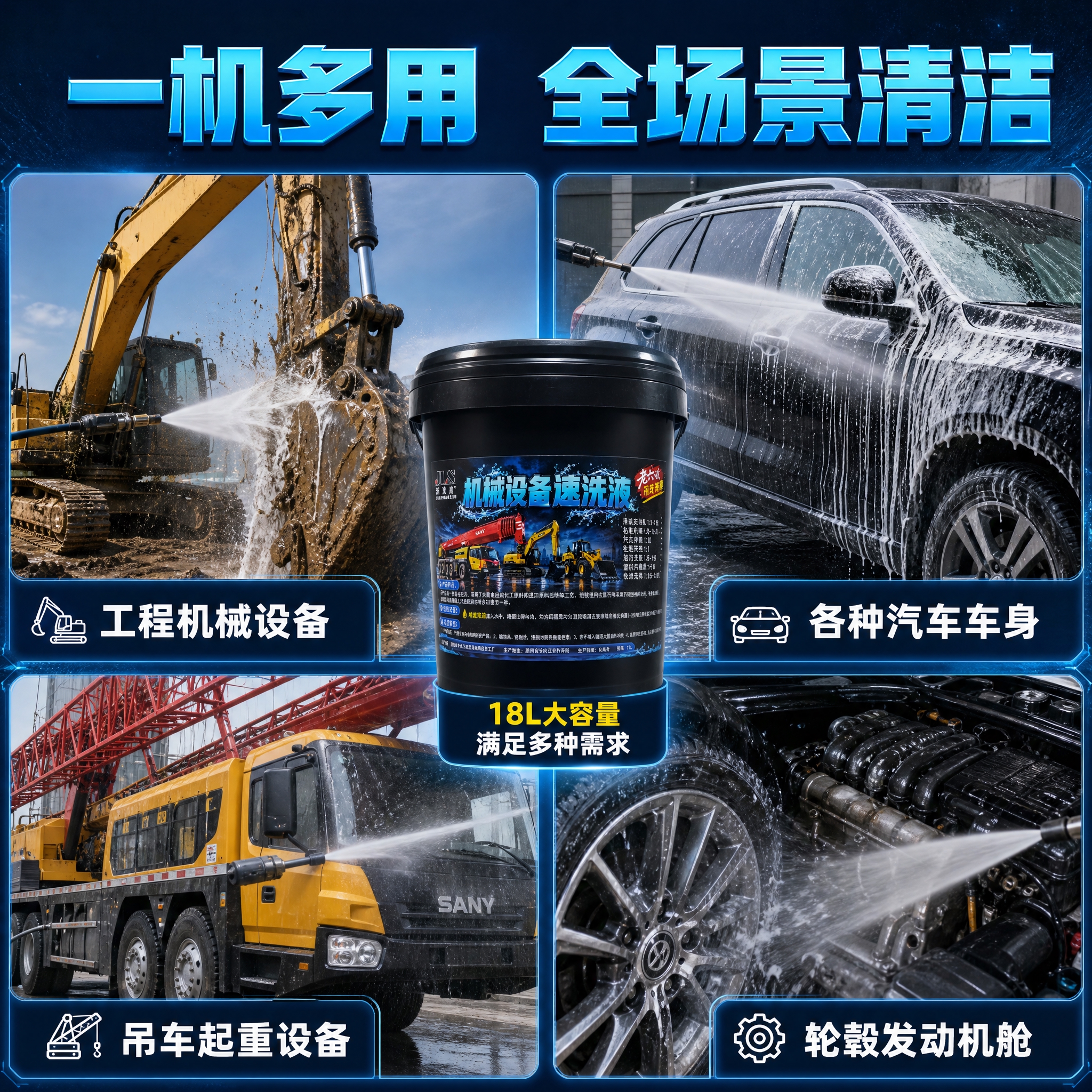 [主图-4] 主题：多场景适用 展示机械设备与汽车清洗的真实使… - 图片创意预览