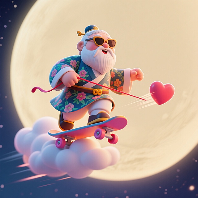 3D卡通风格，拟人化老爷爷滑板云端，手持爱心箭，梦幻超现实主义场景。