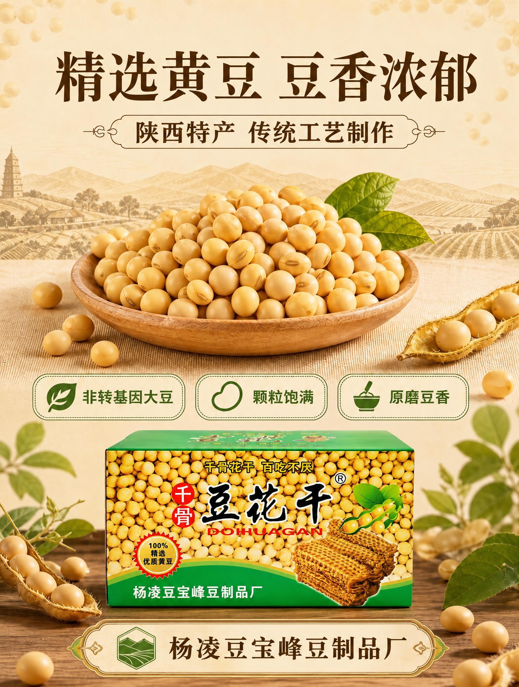 将图中下方的绿色豆花干产品包装盒替换为第二张图中的包装盒样式，… - 图片创意预览