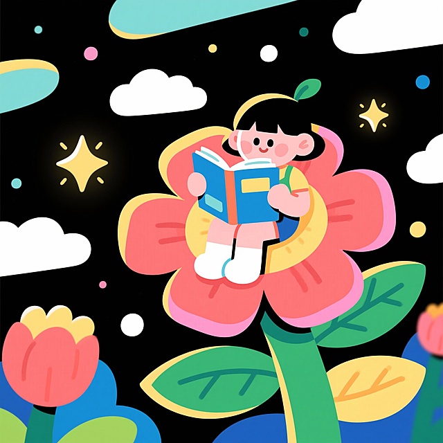 清新插画风，卡通人物拟人化坐在花上阅读，波普艺术色彩鲜艳，充满童趣。