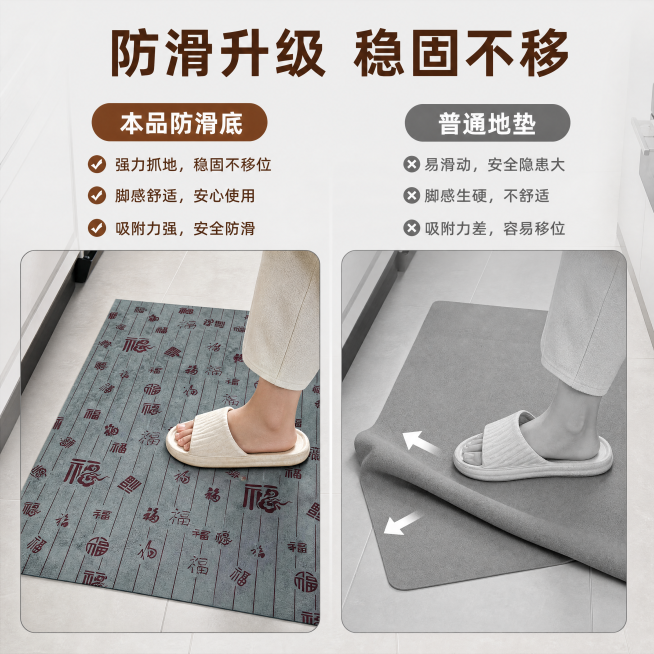 「图片1」，生成一套主图（5张），商品名称是防滑地垫，卖点是吸水防滑好打理，，场景是厨房，风格轻奢，适配抖音平台，主图比例为1:1预览效果