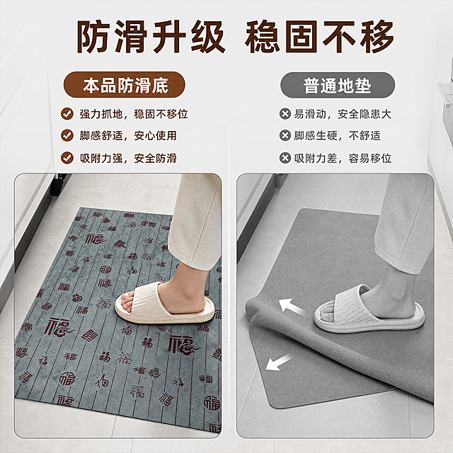 「图片1」，生成一套主图（5张），商品名称是防滑地垫，卖点是吸水防滑好打理，，场景是厨房，风格轻奢，适配抖音平台，主图比例为1:1