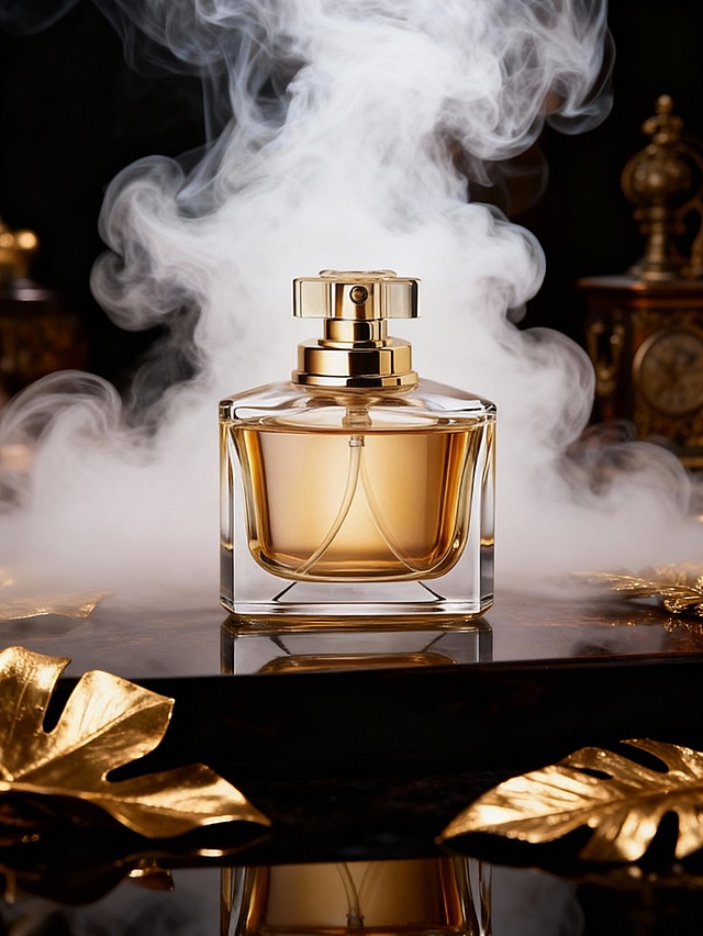 奢华复古的商业产品摄影风格，高质感精致渲染；画面采用黑金、深棕交织的暗调奢华色调，浓郁的烟雾的朦胧质感，整体氛围高贵神秘且富有高级质感；以平视近景视角、中心聚焦式构图呈现，视觉重心集中于产品；场景包含深色高反光台面（呈现产品清晰倒影）、环绕产品的浓郁的白色朦胧烟雾（强化神秘氛围）、前后景金色装饰元素（金属叶片、复古摆件）、暗调虚化背景；产品位于画面中心区域，摆放于深色反光台面上；深色台面承托产品并通过倒影增强质感，金色装饰与烟雾环绕产品营造复古奢华氛围，暗调背景突出产品的黑金视觉焦点
