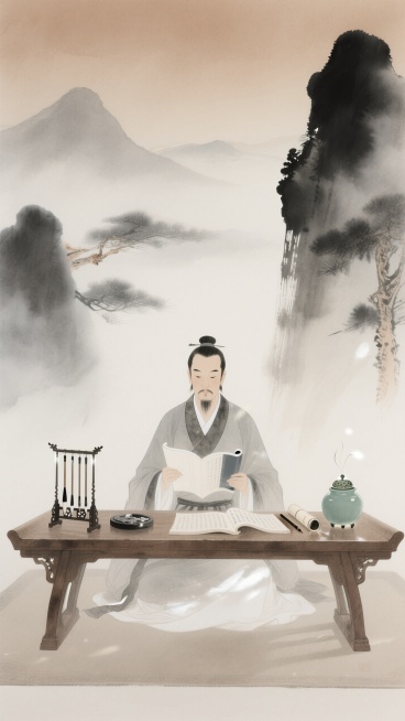 古风水墨画卷中，身着汉服的老师居中端坐，于古朴木案前持卷品读。案上错落陈列文房四宝：砚台、毛笔、笔架静立，青瓷罐与香炉添韵，展开的书卷墨香隐现。 背景以淡墨晕染远山近树，意境悠远。浅棕、米白与墨色交织预览效果