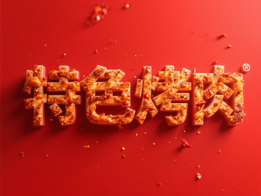 主体为刚出锅的烤肉的立体字“特色烤肉"，表面酥脆，蘸着一些辣椒粉，背景为红色预览效果
