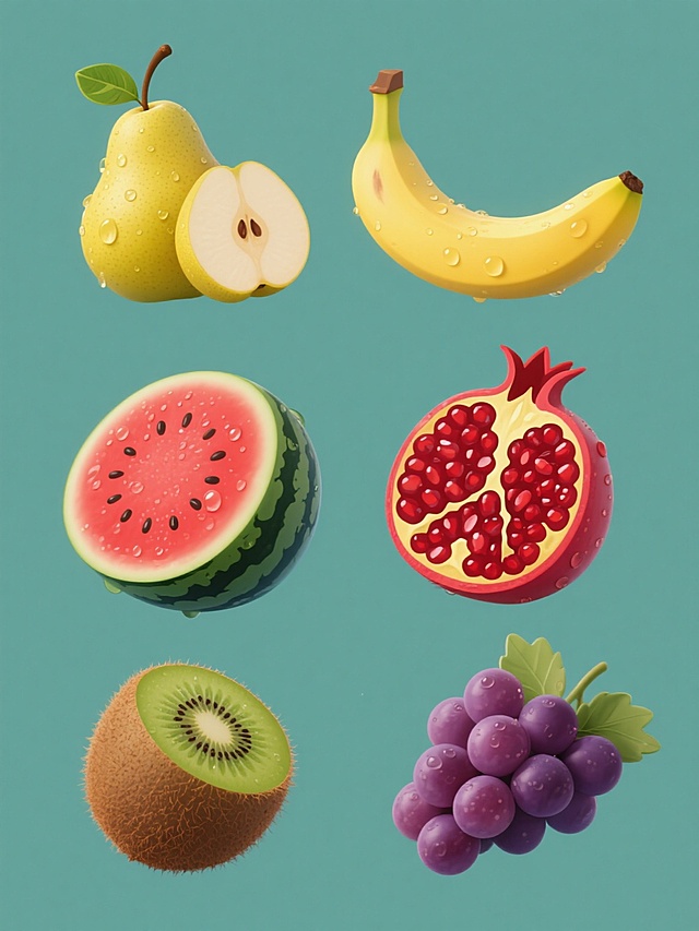 六个规整排布的水果造型图案素材，每个素材均为单一水果的写实风格插画，整体保持高清摄影级的质感，表面带有晶莹水珠，光线明亮柔和，呈现自然光泽和细腻纹理。第一张是完整黄色梨子及切开的截面，带绿色叶子和棕色果柄；第二张是黄色香蕉，带有自然弯曲弧度和棕色果柄；第三张是红色西瓜，带有深绿色条纹表皮和黑色种子；第四张是红色石榴，带有饱满颗粒和黄色隔膜；第五张是棕色猕猴桃，带有棕色绒毛和绿色果肉；第六张是紫色葡萄，成串排列，带有绿色叶子。所有水果图案均采用纯色背景，整体布局整齐有序，视觉层次分明，信息传达清晰。