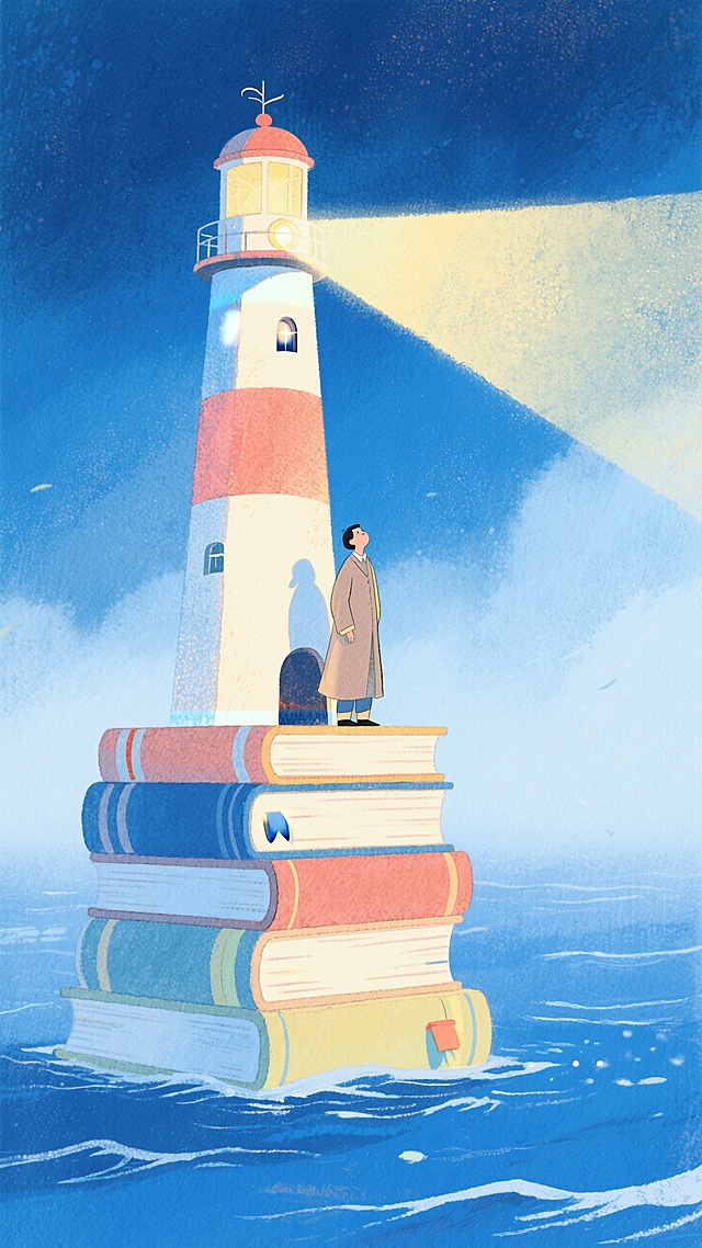 水彩风插画，梦幻感超现实主义设计，人物站在书堆上仰望灯塔，象征知识的光芒。