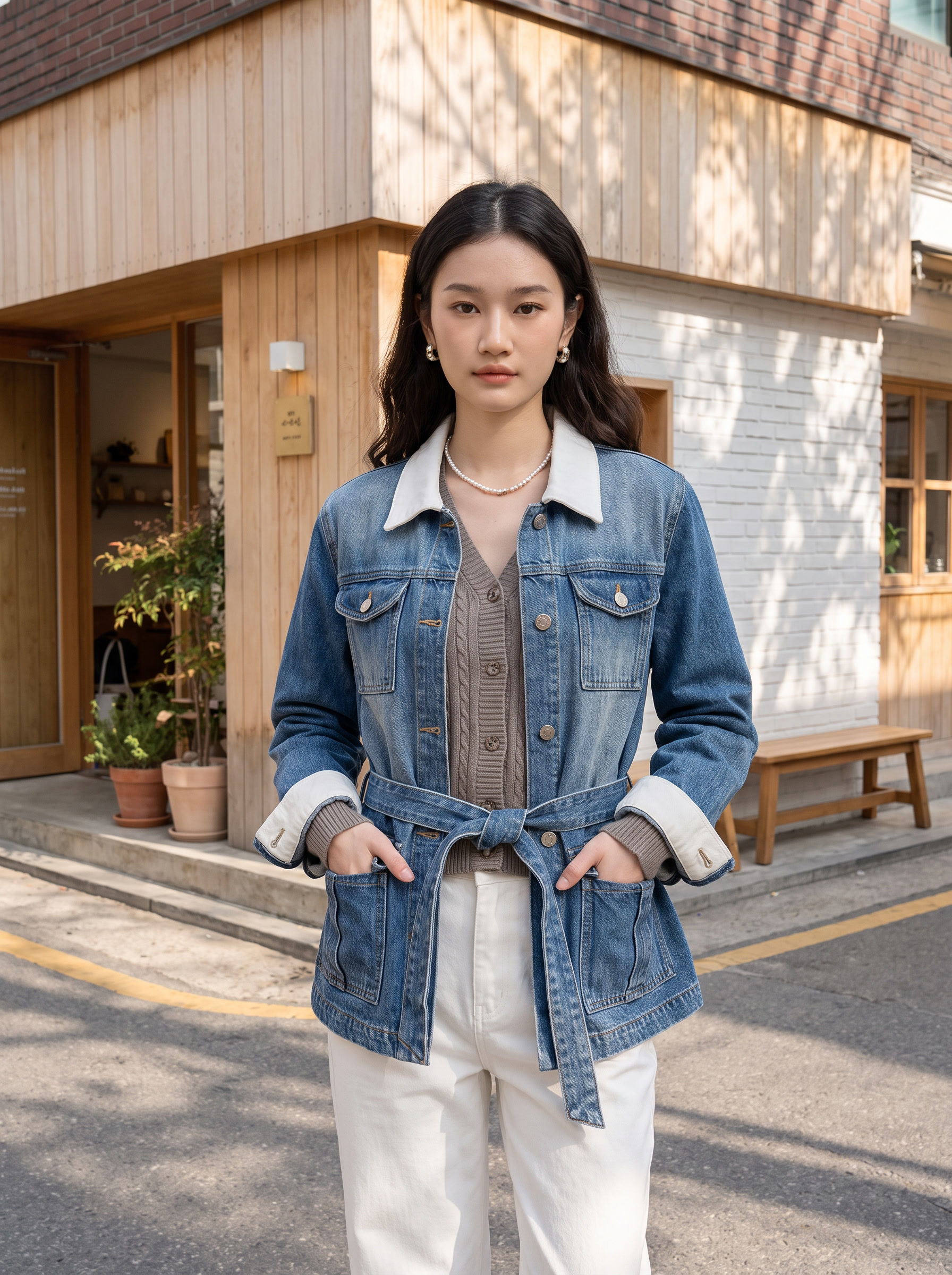 请将参考图 1 的【服装套装：水洗蓝牛仔外套（白色拼接领口与袖… - 图片创意预览