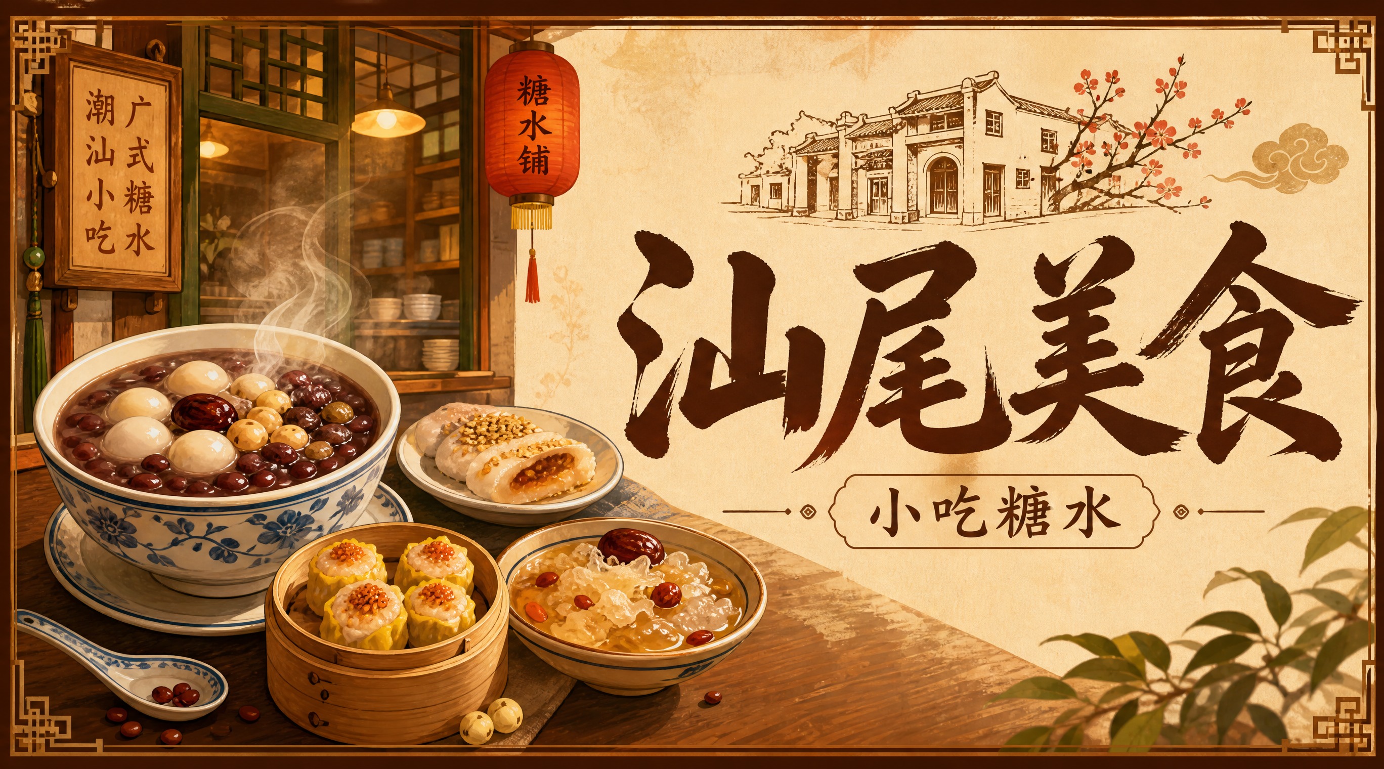 汕尾美食小吃糖水店店招设计，横版长方形构图。左侧是一碗冒着热气… - 图片创意预览
