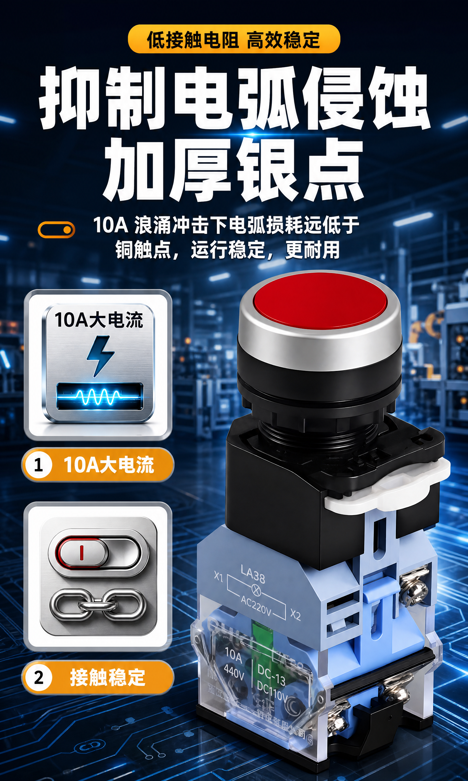 电商详情页，LA38带灯按钮加厚银点卖点详情长图，750px宽… - 图片创意预览