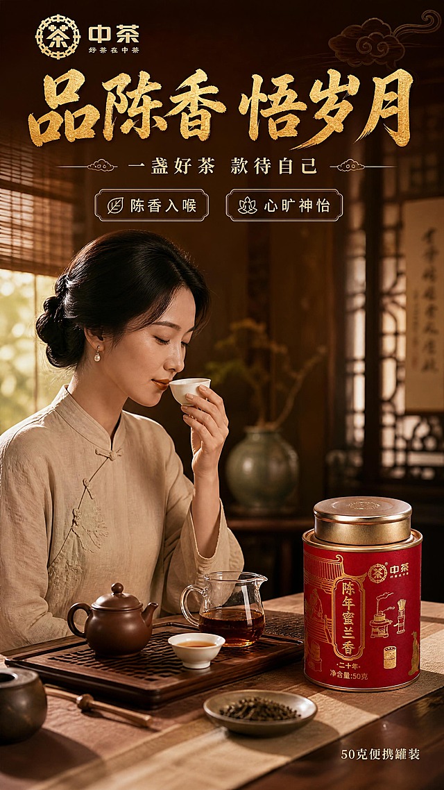 [商品] 使用【图1】中茶陈年蜜兰香二十年陈罐装；罐体置于茶席右侧，保留所有包装文字与Logo，结构颜色不变。
[画面] 目标：模特展示页，亚洲女性品茗生活方式；构图：画面左侧为一位身着素雅中式服装的亚洲女性（30岁左右，气质温婉），侧身坐在茶席前，右手端起白瓷品茗杯凑近鼻前闻香，表情沉静愉悦；右侧茶席上摆放产品罐体、紫砂壶、公道杯、品茗杯等茶具；背景为虚化的中式茶室空间，竹帘、木格窗；三层景深：前景茶席、中景模特与产品、后景茶室空间。
[视觉] 套系策略：风格=中式国风高级商业摄影；标题字=书法宋体粗体带烫金质感；正文字=简洁宋体；主色=中国红+暗金+暖木色；背景延展=暖棕茶室+竹帘光影+暗纹；强调色=烫金色，仅用于标题、图标；标题色=烫金色；正文色=米白色；组件=金线描边情绪标签、云纹分隔；光影=柔和自然光从侧方照入，人物面部光线自然，茶气温柔。
[文字] 主标题"品陈香 悟岁月"，副标题"一盏好茶 款待自己"，2个情绪点：「陈香入喉」「心旷神怡」；文字位于顶部横排，不遮挡模特与产品主体；产品罐体与包装文字清晰可见。
[规格] 淘宝/天猫详情页单屏9:16竖版，4K分辨率，负向：避免模特表情僵硬、产品模糊、文字竖排、冷蓝调、欧美面孔、绝对化用语。