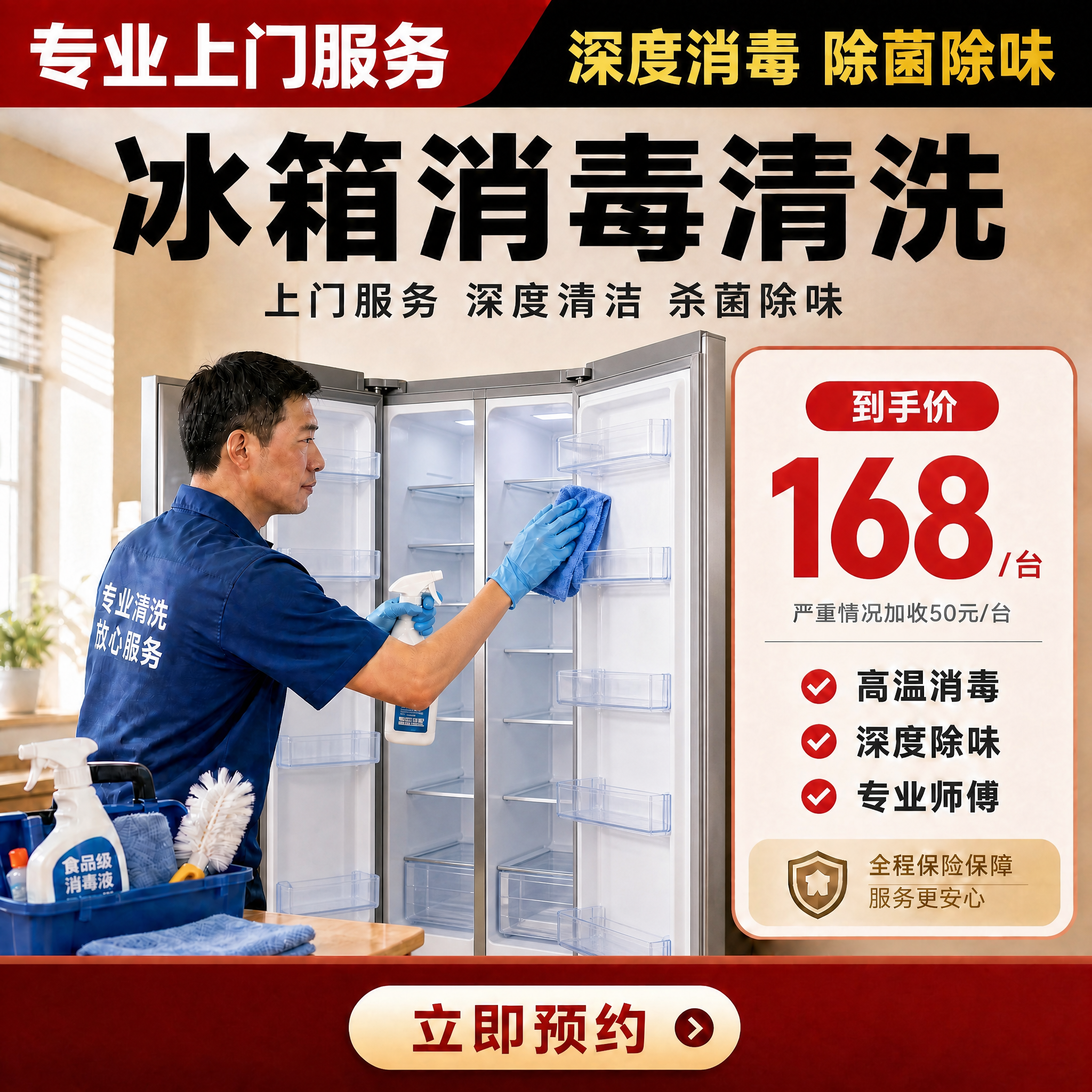 基于这张冰箱消毒清洗服务主图，做以下修改：1. 将画面中的单开… - 图片创意预览