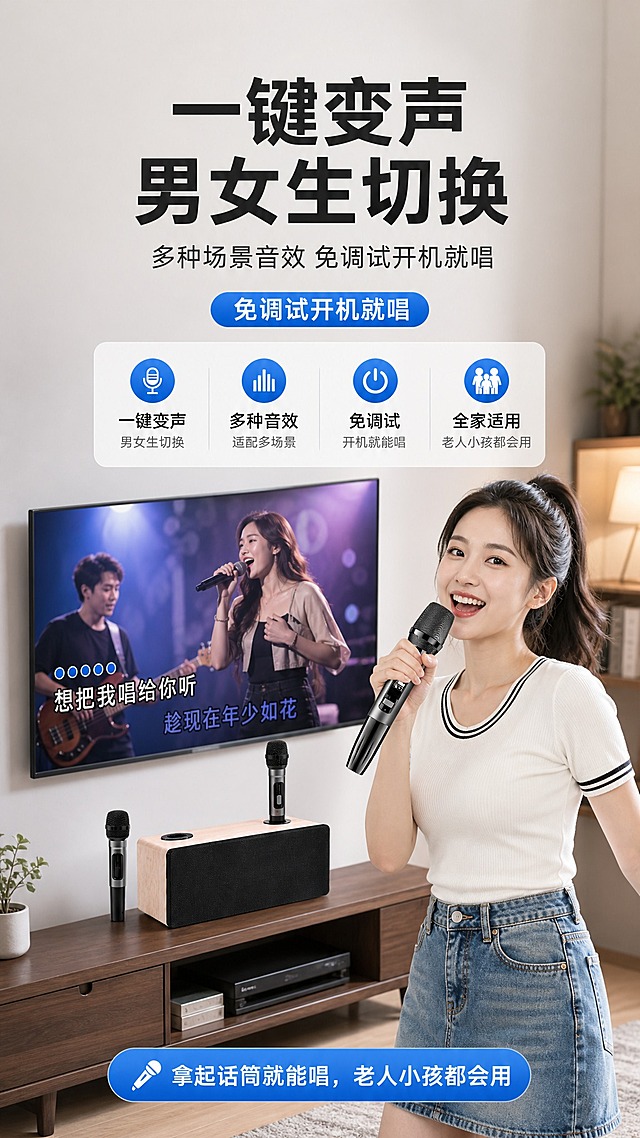 [商品] 使用【图4】木纹款家庭K歌音响一体机+双无线话筒；保留木纹箱体、黑色喇叭网、话筒外观，不改变产品原貌。
[画面] 目标：展示一键变声、免调试开机就唱功能。竖版9:16构图，右侧一位年轻亚洲女生手持话筒开心唱歌，左侧电视柜上放置音响和另一支话筒，背景电视显示K歌画面。人物动作自然，表情愉悦。
[视觉] 套系策略：风格=现代简约科技家居风；标题字=粗黑无衬线简体中文字；正文字=简洁无衬线简体中文字；主色=深木色+暖米灰；背景延展=浅灰白干净背景，家居场景；强调色=科技蓝，用于按钮标签和高亮；标题色=深炭灰；正文色=中暖灰；组件=蓝色胶囊按钮标签、圆角信息卡；光影=室内暖白光，自然柔和。
[文字] 顶部主标题"一键变声 男女生切换"，副标题"多种场景音效 免调试开机就唱"，中间蓝色胶囊标签"免调试开机就唱"，底部补充"拿起话筒就能唱，老人小孩都会用"。文字全部横排，不遮挡人物面部和产品主体。
[规格] 图片比例9:16竖版，4K，负向提示：避免变形、错字、文字过小、产品失真、竖排文字、人物不自然。