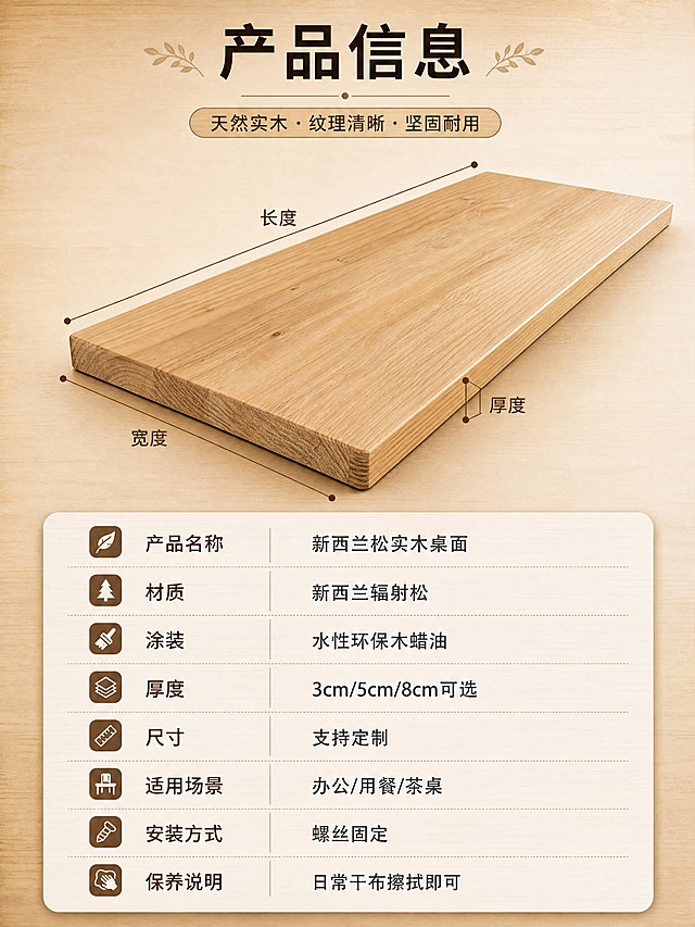 [商品] 使用【图5】新西兰松实木桌面（原木素板款）；保留实木桌面的原木色、木纹、厚度、长方形结构；增强木纹清晰度，去除背景杂物，不改变产品材质与颜色。
[画面] 页面目标：产品规格参数收口页，清晰展示核心参数辅助下单决策。上下分区构图，上半部分约2/5为桌面正侧视展示（带尺寸引线标注），下半部分3/5为规格参数表；产品占画面约40%，桌面45°角放置，清晰展示长宽厚比例；阅读动线从上至下。
[视觉] 套系策略：风格=原木自然风温馨商业摄影；标题字=思源黑体粗体；正文字=思源黑体常规体；主色=原木浅棕；背景延展=基于原木浅棕做深浅层级、同色系渐变与木纹/纸质感；强调色=深胡桃色，仅用于小面积图标、引线和标签；标题色=深棕黑；正文色=中暖灰；组件=圆角浅木色信息卡、细木色引线、胶囊形卖点框；光影=顶部均匀柔光，桌面清晰平整。
[文字] 顶部标题"产品信息"；桌面引线标注"长度""宽度""厚度"；下方参数表包含：产品名称"新西兰松实木桌面"、材质"新西兰辐射松"、涂装"水性环保木蜡油"、厚度"3cm/5cm/8cm可选"、尺寸"支持定制"、适用场景"办公/用餐/茶桌"、安装方式"螺丝固定"、保养说明"日常干布擦拭即可"；参数表清晰易读，手机端可辨。
[规格] 图片比例3:4竖版，4K，负向提示：避免变形、错字、文字过小、参数模糊、冷蓝/冷灰背景、绝对化用语。