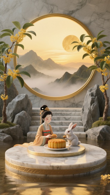 前景特写一个大理石圆形展台，后景有大理石石阶和灰色岩石，两边岩石中伸出高大的桂花枝，背景是一轮带有金色边框的巨大圆形，黄昏时分被雾气笼罩的层叠山峦。金黄色调，磅礴氛围。嫦娥和玉兔在圆台上分享月饼预览效果