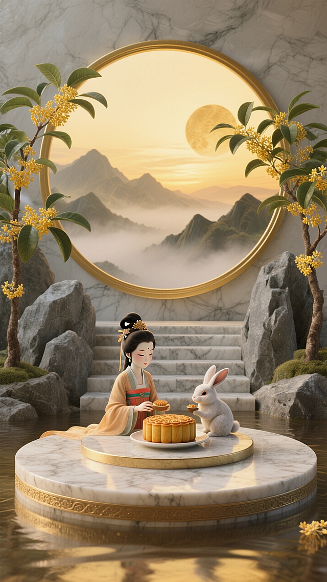 前景特写一个大理石圆形展台，后景有大理石石阶和灰色岩石，两边岩石中伸出高大的桂花枝，背景是一轮带有金色边框的巨大圆形，黄昏时分被雾气笼罩的层叠山峦。金黄色调，磅礴氛围。嫦娥和玉兔在圆台上分享月饼