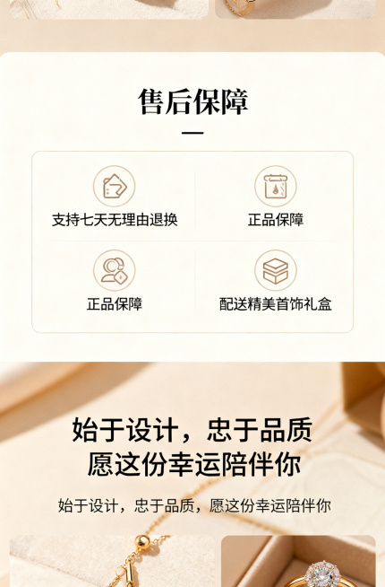淘宝详情页第8页，售后说明页，标题"售后保障"，内容：支持七天无理由退换，正品保障，配送精美首饰礼盒，文字："始于设计，忠于品质，愿这份幸运陪伴你"，风格简约大方，配色和前面页面协调统一预览效果