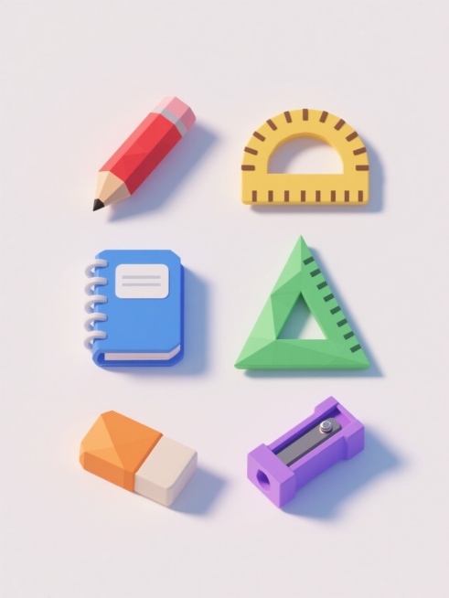 3D低多边形风格学习主题插画，白色背景，六个学习元素整齐排列成两行三列，柔和渐变色彩，元素包括红色削尖铅笔、蓝色翻开笔记本、黄色圆形量角器、绿色三角尺、橙色橡皮擦、紫色卷笔刀，每个物体边缘有轻微高光，整体呈现简洁明快的教育氛围，物体立体感强，阴影柔和自然，色彩鲜明且协调。预览效果