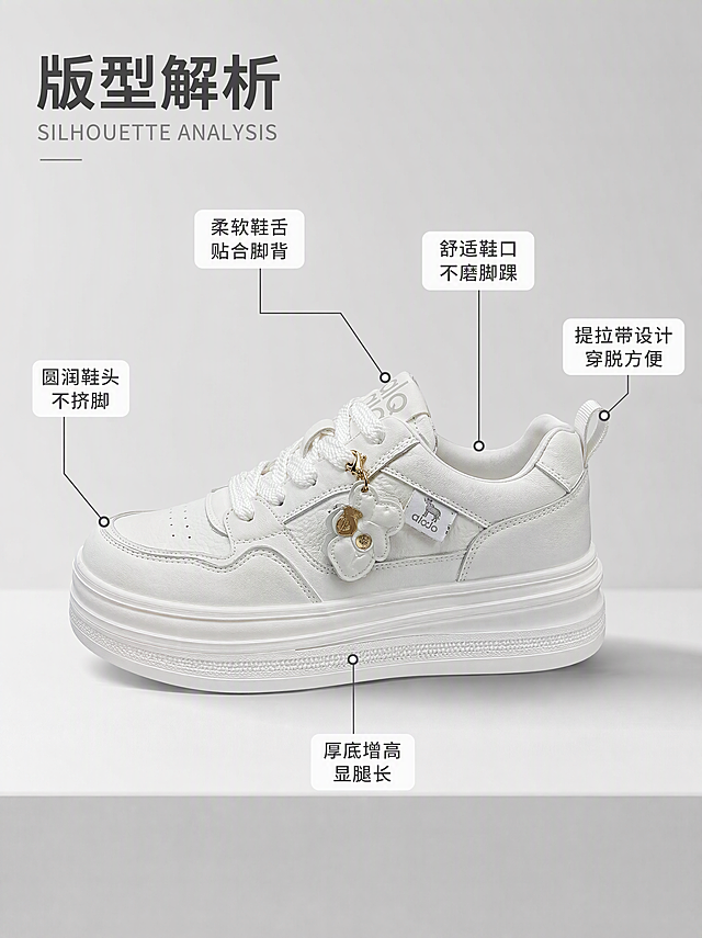 [第3张] 鞋型解析页-白色厚底休闲板鞋结构与版型解析。本张使用【图1】作为鞋履商品主体。
[标题版式] 左上角主标题 + 英文小字副标题，字重对比，配细线引导标注，简洁专业。
[氛围/风格] 专业产品解析风，浅灰色干净背景，清晰标注引线，商业产品摄影质感。
[元素布局] 画面中央展示白色厚底板鞋侧面全貌，鞋型、颜色、材质、挂饰与参考图完全一致；从鞋子关键部位引出细线标注：鞋头位置标注「圆润鞋头 不挤脚」，鞋底位置标注「厚底增高 显腿长」，鞋舌位置标注「柔软鞋舌 贴合脚背」，鞋口位置标注「舒适鞋口 不磨脚踝」，后跟位置标注「提拉带设计 穿脱方便」；背景为浅灰色渐变，底部有浅色台面承托；鞋子下方有柔和投影。
[光影质感] 左侧主光，右侧补光，均匀照亮鞋身，突出立体感与材质纹理，阴影柔和不生硬。
[配色色系] 全局底色 #EFEFEF 浅灰；主色白色鞋身；辅助色深灰文字、浅灰背景；点缀色浅金色五金。
[视角构图] 侧面视角，产品占画面约55%，居中偏上，标注引线向四周发散，信息层次清晰。
[文字版式] 左上角主标题「版型解析」，英文小字「SILHOUETTE ANALYSIS」；5处引线标注采用短标签形式，标签为白底深灰字圆角矩形，字号适中清晰可读；文字不遮挡鞋身关键结构。
[比例分辨率] 3:4 竖版比例，4K 分辨率，文字清晰可辨，高清画质。
[负向提示词] 鞋型变形，颜色偏差，文字错乱，文字过小，水印，标注线混乱，缺件错件。
