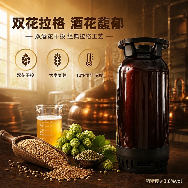 电商主图第二张，菲伦堡20L桶装双花拉格精酿啤酒，原料工艺卖点图，延续参考图第二张的酿酒厂车间暖光风格，仅将原料替换为双酒花拉格相关原料，桶身无打酒头。画面右侧为深棕色20L啤酒桶（无打酒头，仅桶身黑色提手黑色底座），左侧前景摆放木勺装大麦粒、两种不同品种的新鲜啤酒花（西楚与卡斯卡特）、酒花球、大麦麦芽等原料，旁边一只玻璃烧杯盛有金黄色清澈拉格啤酒。背景是模糊的复古铜色酿酒设备与大窗户透进的暖金色光线，营造酒厂酿造氛围。左上大标题文字："双花拉格 酒花馥郁"，副标题："双酒花干投 经典拉格工艺"。画面中部偏左三个圆形金色图标并列：第一个啤酒花图标下方文字"双花干投"，第二个麦穗图标下方文字"大麦麦芽"，第三个温度计图标下方文字"10°P麦汁浓度"。右下角小字："酒精度≥3.8%vol"。保持20L啤酒桶外观结构材质颜色与参考图完全一致，无打酒头装置。暖棕金主色调，酒花翠绿点缀，金色图标与文字，木质桌面，暖光逆光质感，商业摄影级。商品主体占比约55%。1:1正方形构图，文字清晰可辨，超高清商业摄影质感。负向：变形，文字错乱，产品模糊，背景杂乱，水印，电商平台Logo，打酒头，酒头装置。