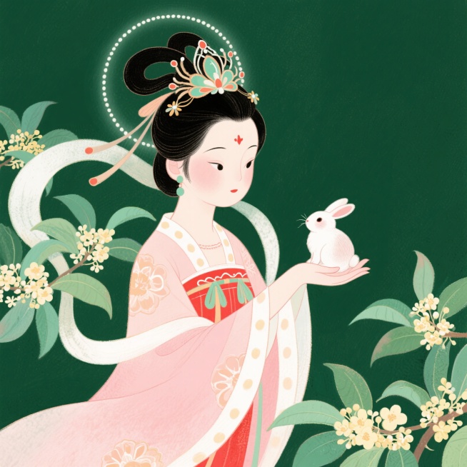 甜美绘本风格，深绿色块背景，一位穿着秋季精致汉服的嫦娥女孩，头戴精美头饰，她的手掌上有一只小兔子正抬头看着她，周围有盛放的桂花与层叠的绿叶，整体采用柔和圆润的笔触，色彩呈现粉白绿红渐变预览效果