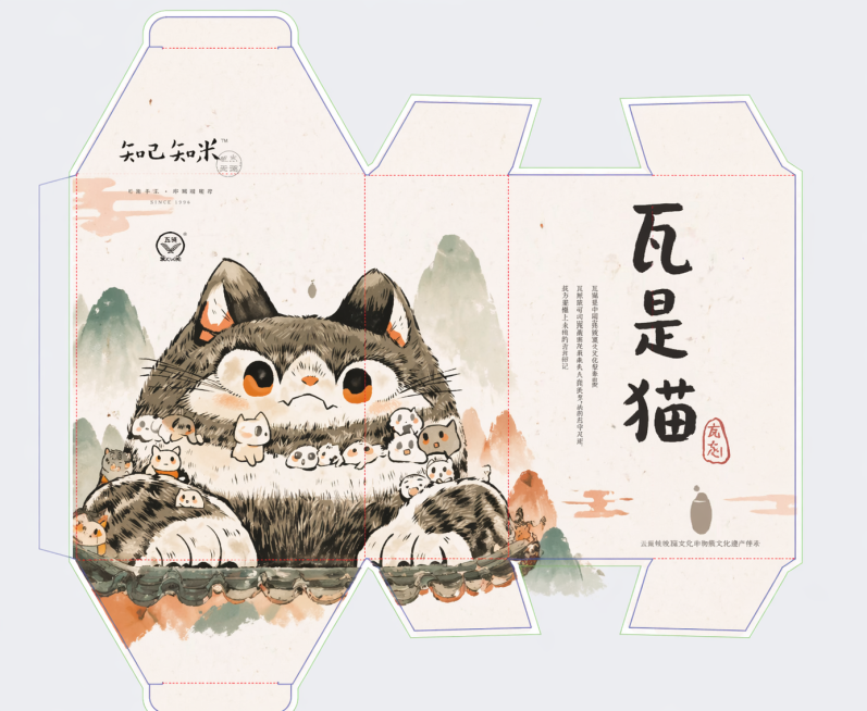 在保持原有刀版图样式和轮廓线不变的基础上，添加内容：参考图一的极简留白设计思路和国潮手绘风格，参考图二的手绘瓦猫纹样，绘制瓦猫文化手绘纹样，色彩丰富一些，适当留白，参考图一的文字排版风格添加手写文字“预览效果