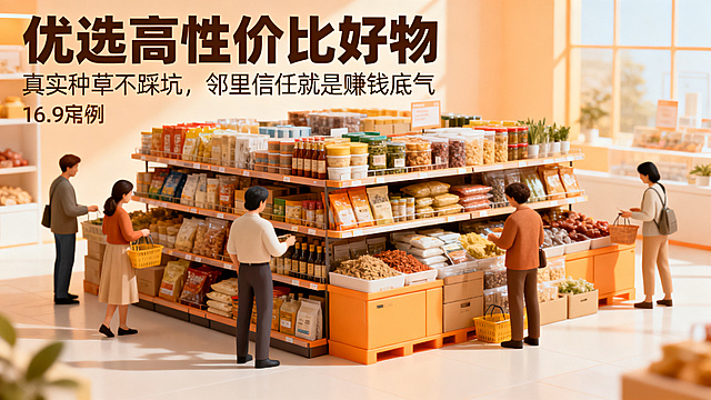 好物团购信任海报，比例16:9，主标题：优选高性价比好物，副标题：真实种草不踩坑，邻里信任就是赚钱底气 画面：堆满精选高性价比日常百货的货架，几位邻居在挑选商品，背景是干净明亮的展示场景，风格温暖有亲和力，主副标题清晰分明