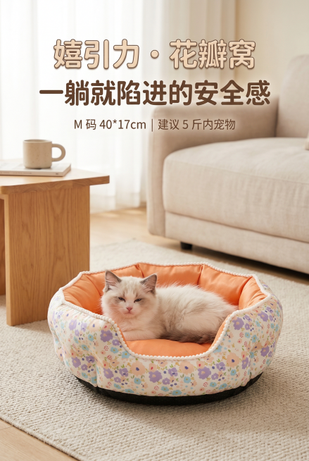 电商详情页首屏主视觉海报，杂志级精致排版。画面中心展示嬉引力花瓣边宠物窝（暖橙色款），严格还原上传的产品图，包括包装设计、颜色、LOGO 位置、文字内容、图案元素等所有细节，产品在真实物理空间里与其他预览效果