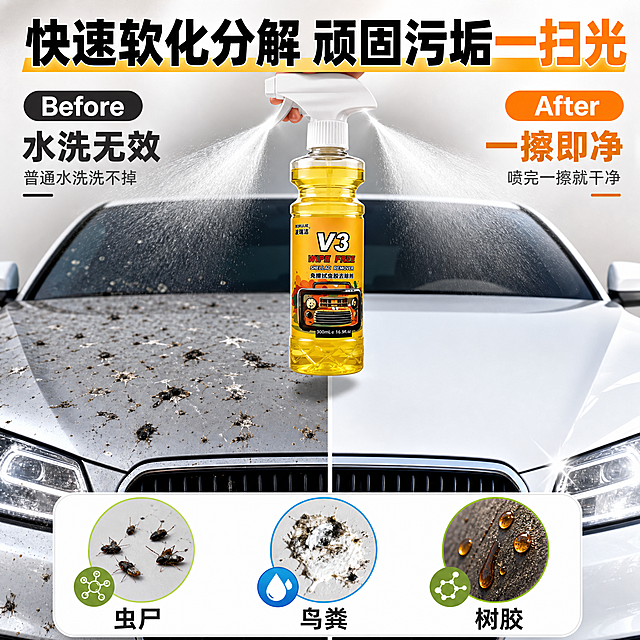 [主图-2] 主题：核心效果证明，展示虫胶鸟粪快速分解前后对比，证明强效去污力。
[统一基调] 抖音电商主图风格，强视觉冲击、高清实拍感、场景化痛点直击；整体配色以洁净白+活力橙黄为主，标题用粗黑大字配橙黄高亮，辅助文字深灰，图标用蓝绿点缀；字体为粗黑体，字号层级分明，卡片用圆角轻阴影，整体明亮通透有冲击力。
[画面] 采用左右分屏前后对比构图。左侧BEFORE：汽车漆面特写，布满干结虫尸和鸟粪污渍，污渍顽固发黑，漆面暗淡，配"普通水洗洗不掉"小字。右侧AFTER：同一位置漆面光亮如新，无残留污渍，反光清晰，配"喷完一擦就干净"小字。中间上方放置V3虫胶去除剂产品瓶身，比首图略小，占画面约30%，喷头朝下做出喷洒动作，有细密水雾从喷头洒向左右两侧，暗示产品是变化的原因。产品外观与输入图完全一致。底部有三个圆形图标横向排列，分别代表：虫尸分解、鸟粪软化、污垢瓦解。
[光影质感] 真实汽车漆面摄影质感，左侧污渍区域光线偏暗突出脏污，右侧洁净区域光线明亮突出光泽；产品瓶身光影自然，有金黄液体通透感和真实高光。
[配色] 左侧偏暗灰调突出痛点，右侧明亮洁净突出效果；中间产品区背景为浅灰白渐变；标题文字黑色加粗带橙黄高亮。
[文字版式] 顶部大标题："快速软化分解 顽固污垢一扫光"，横跨画面上方；左侧上方标"Before 水洗无效"，右侧上方标"After 一擦即净"；底部三个图标下方分别标注"虫尸""鸟粪""树胶"。文字清晰不遮挡产品和对比区域。
[输出要求] 1:1正方形，2048*2048，文字清晰可读，产品清晰不变形，无错字，无水印，无平台Logo，对比真实自然不夸张。