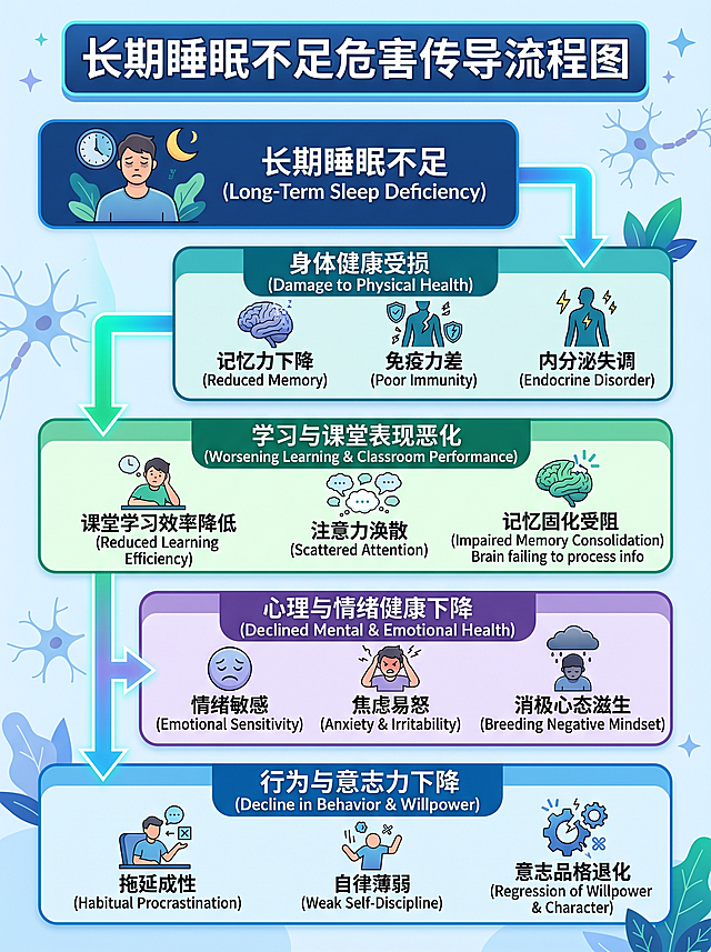绘制一张熬夜危害传导流程图，内容是："长期睡眠不足" → 身体健康受损（记忆力下降、免疫力差、内分泌失调） → 课堂学习效率降低、注意力涣散、记忆固化受阻 → 情绪敏感、焦虑易怒、消极心态滋生 → 拖延成性、自律薄弱、意志品格退化。要求流程图结构清晰，配色正式，适合健康教育展示